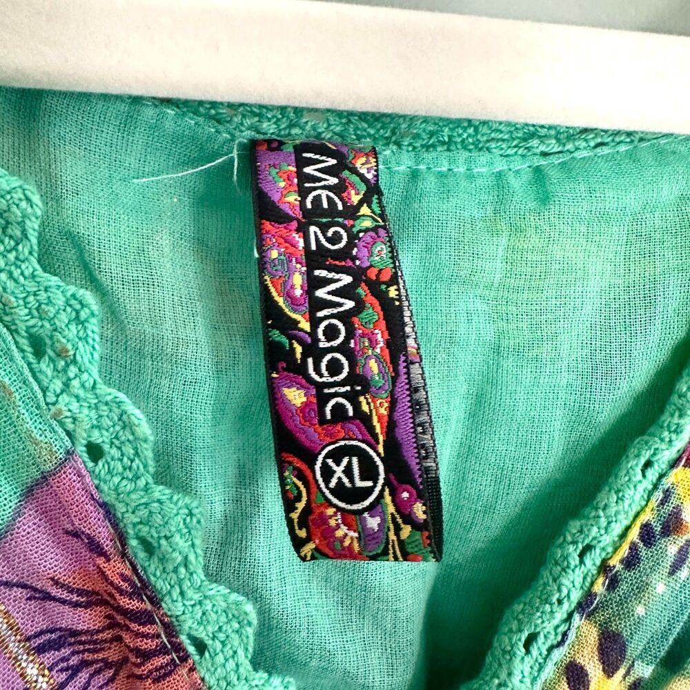 ME 2 Magic Boho Maxi Dress XL Green Floral Tiered Short Sleeve Boho Resortwear - Picture 7 of 14